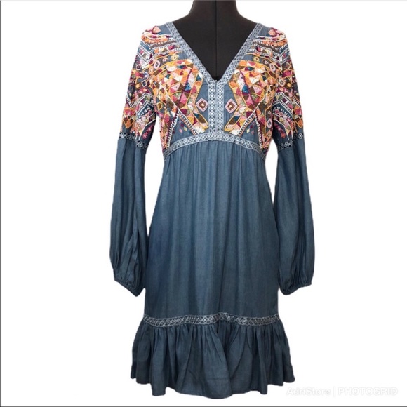 Boston Proper Gorgeous Beaded Chambray Dress 0 - Picture 2 of 16